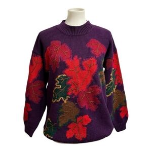 Vintage Women's Chunky Knit Sweater Purple Leaves Fall Sweater Size 8 Me…
